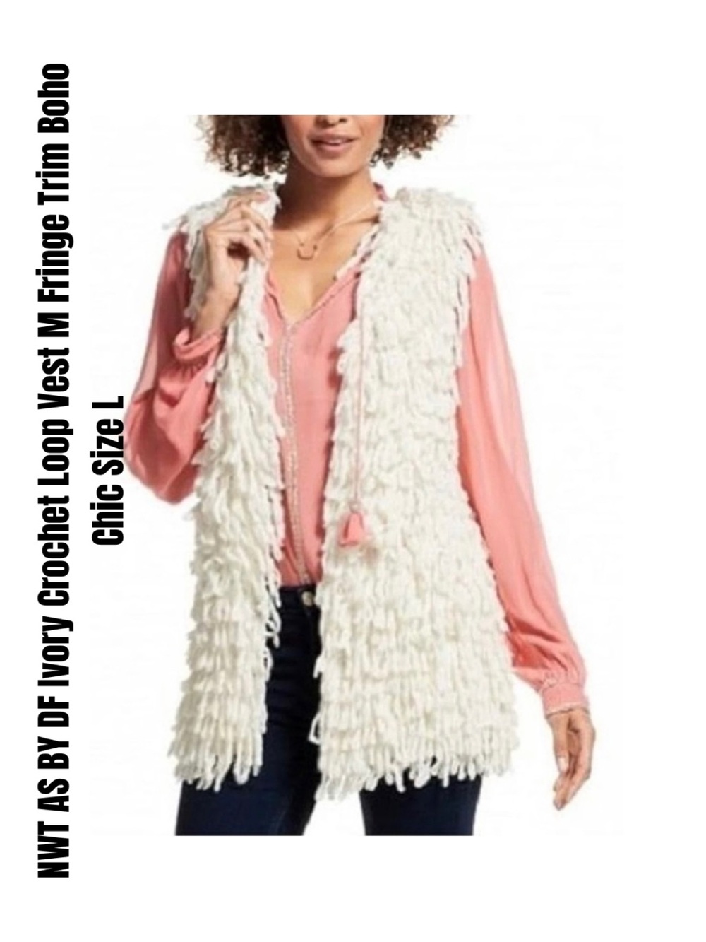 AS BY DF Ivory Crochet Loop Vest M Fringe Trim Boho Chic Size L